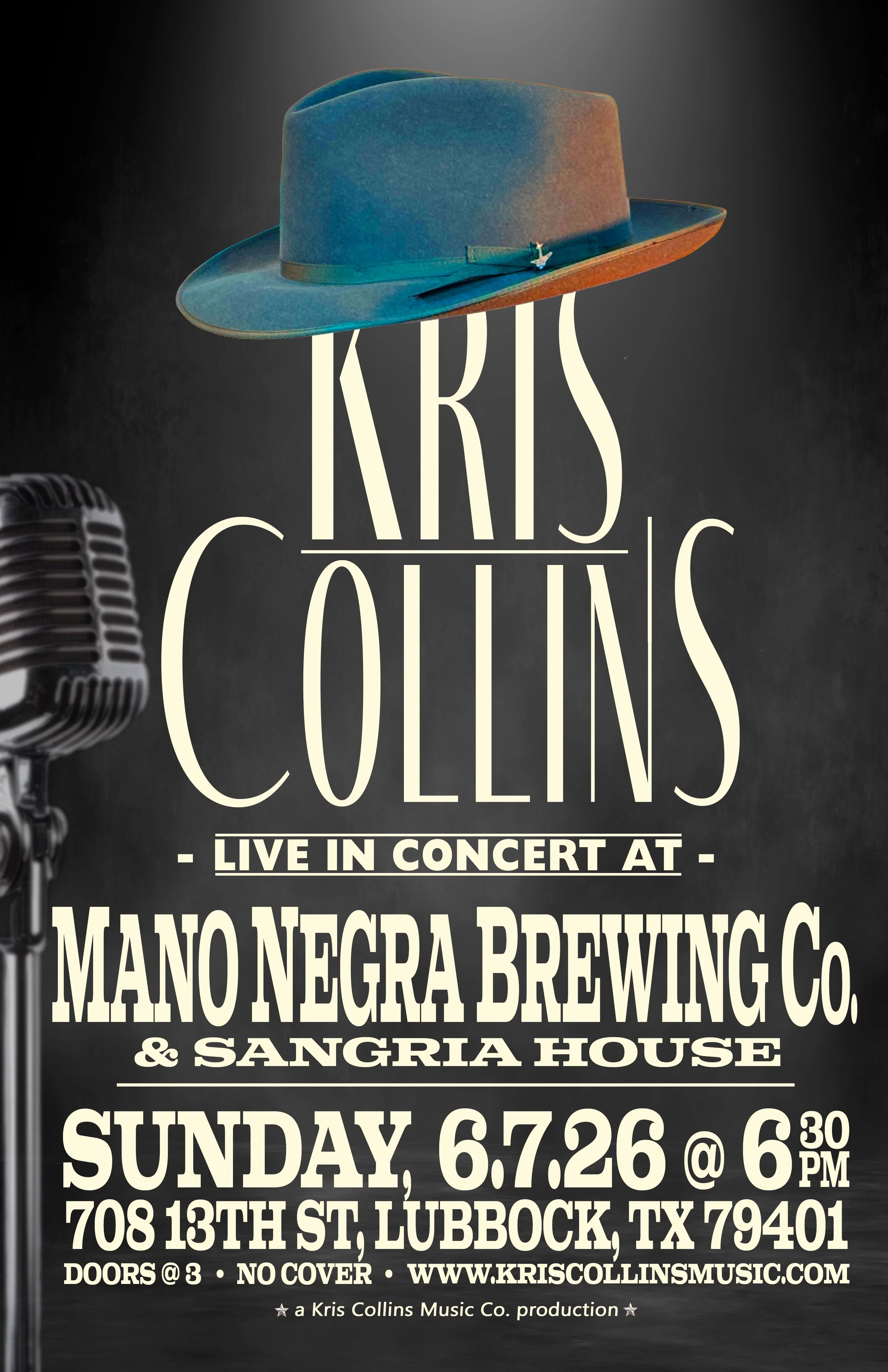 show poster for Kris Collins performance at Mano Negra Brewing in Lubbock on 6/7