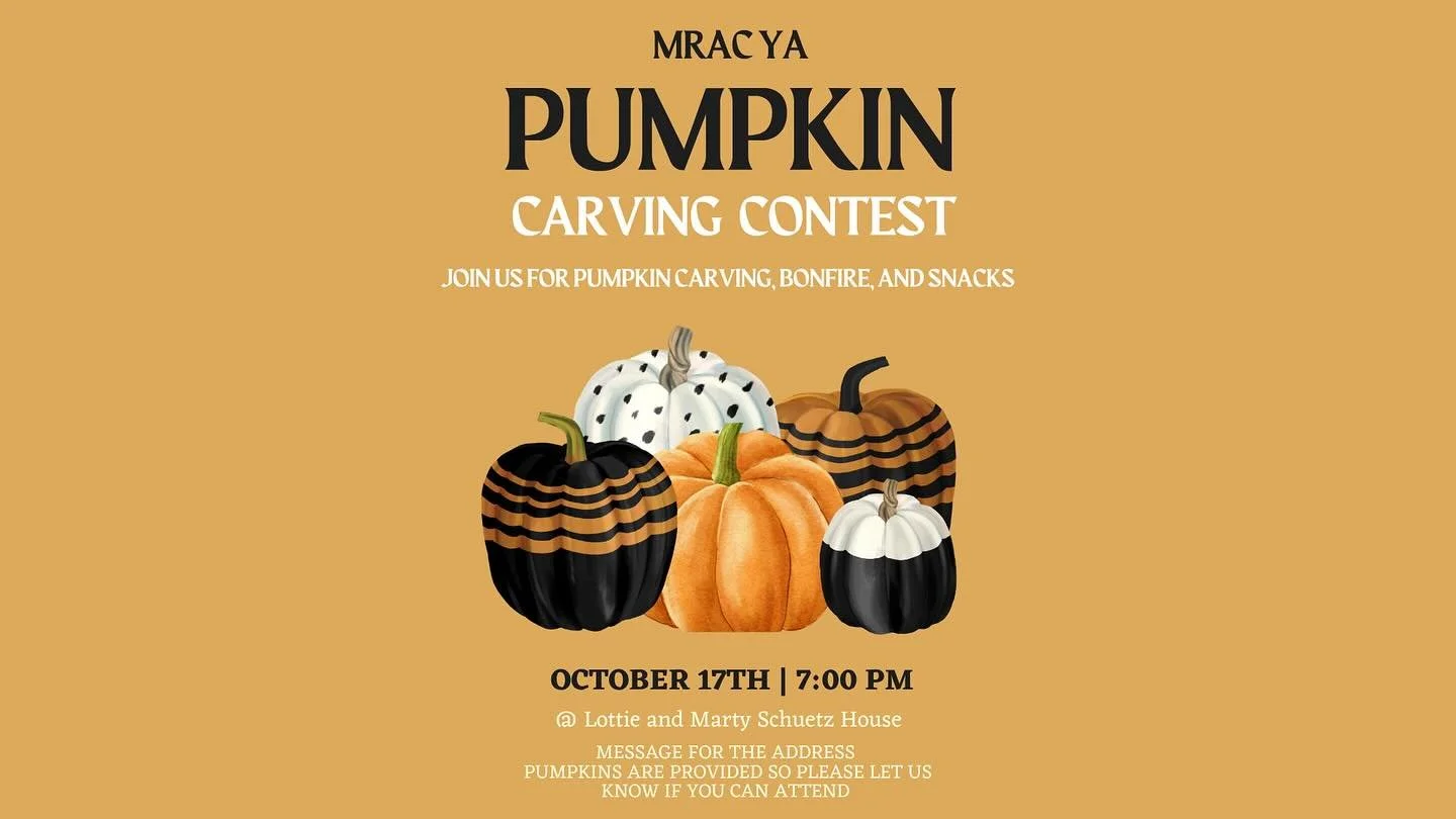 Date Change! 
Oct 17 @ 7pm - Young Adults are invited to a pumpkin carving contest! Join us for pumpkin carving, bonfire and snacks! Let us know if you plan to attend - you can message directly on Instagram or contact the office.
Please message for t