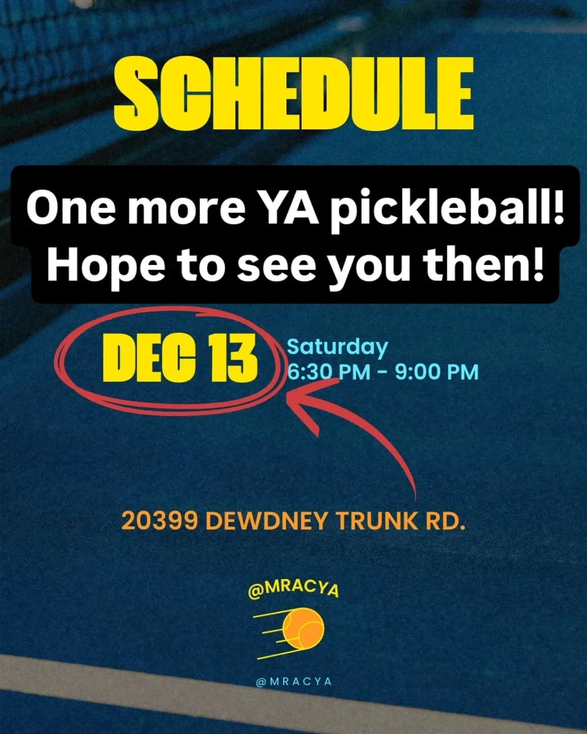 One more pickleball drop-in before the end of the year! See you there at 6:30 PM!