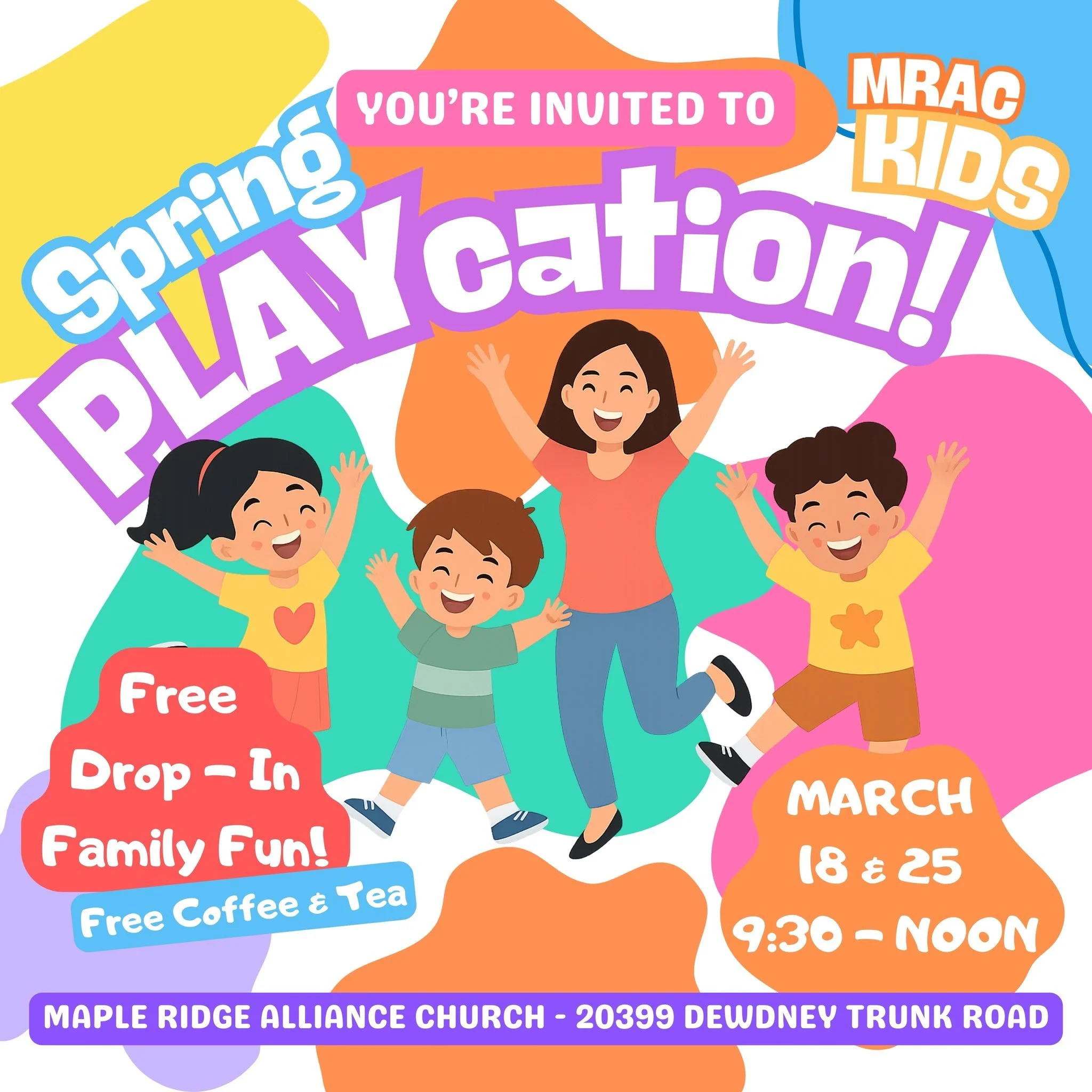 Get ready for fun this Spring Break with our annual SPRING PLAYCATION! Back by popular demand!
🥳
Join us on March 18 &amp; 25 from 9:30-12:00 for a totally FREE family event featuring a bouncy castle, games, toddler play area, snacks, coffee/tea and