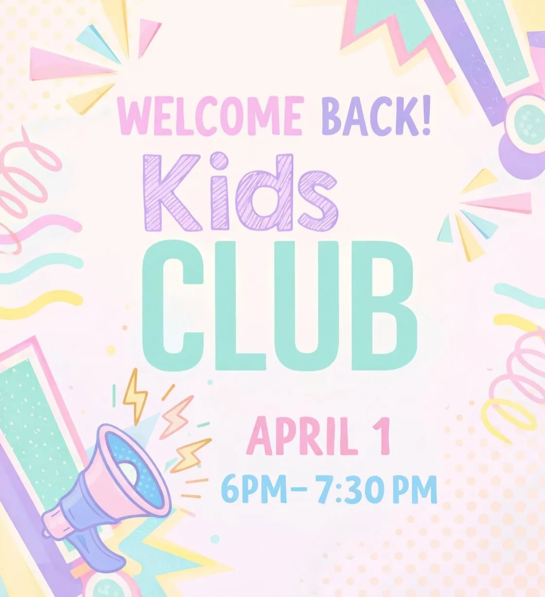 We&rsquo;re back! Tonight 6:00-7:30 pm and we can&rsquo;t wait to see you for an Easter Celebration Party! 

Upcomings:
April 1st - Easter Story + Easter Party
April 8th - It&rsquo;s possible for God to change lives 
April 15th - Missionary Guest Spe