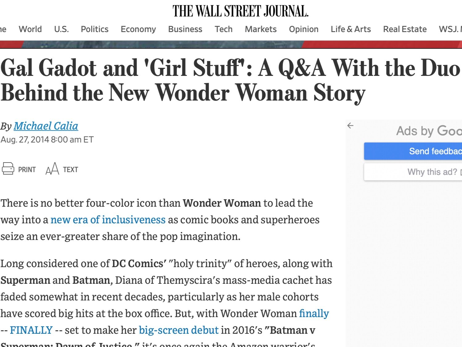 THE WALL STREET JOURNAL: Glad Gadot and "Girl Stuff: A Q&amp; A with the Duo Behind the New Wonder Woman Story