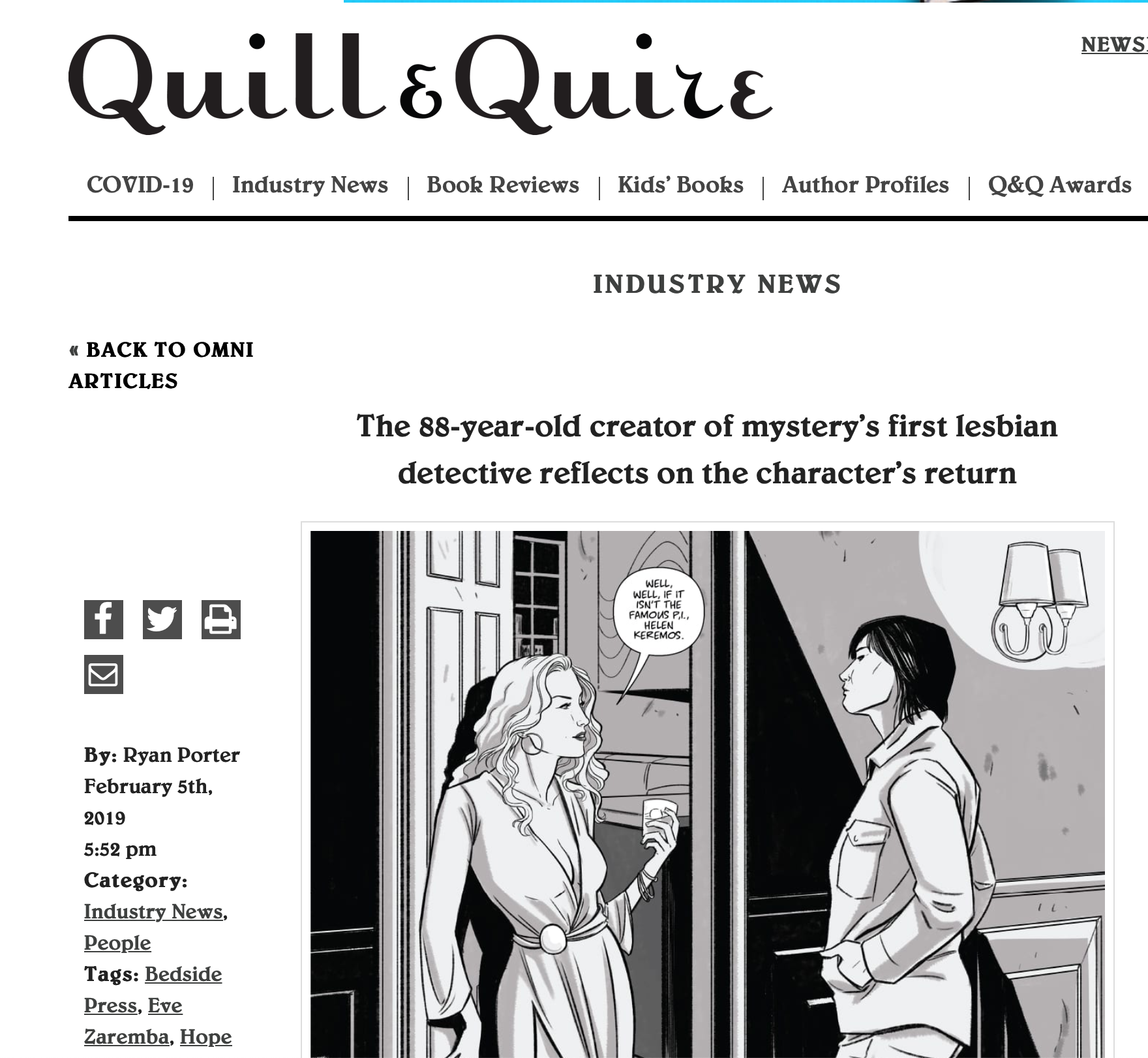Quill &amp; Quire: The 88-year-old Creator of Mystery's First Lesbian Detective Reflects on the Character