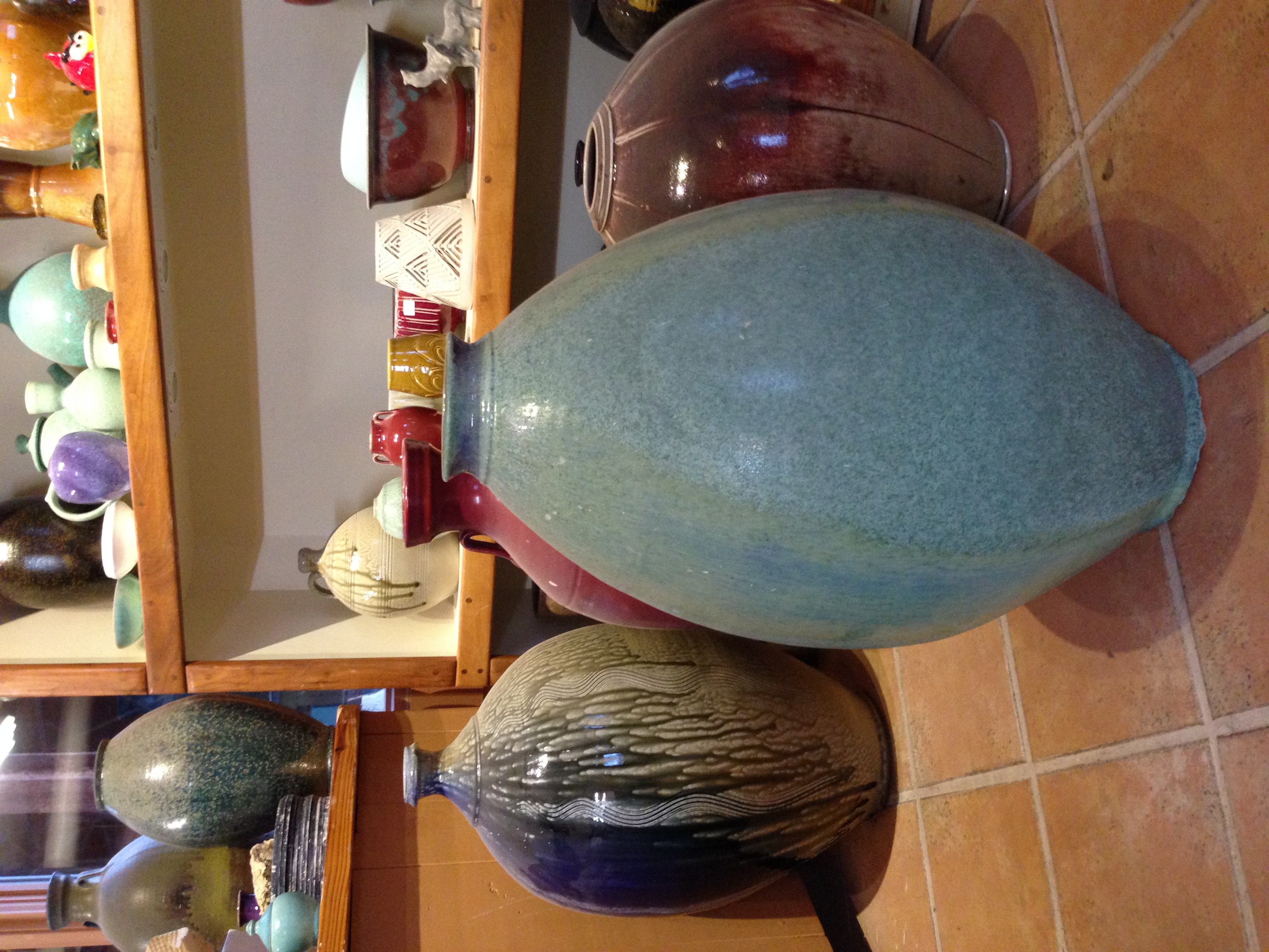 Ben Owen keeps sample pots in his Seagrove, NC studio as references for glazing, finishing, and form ideas, December 2015.