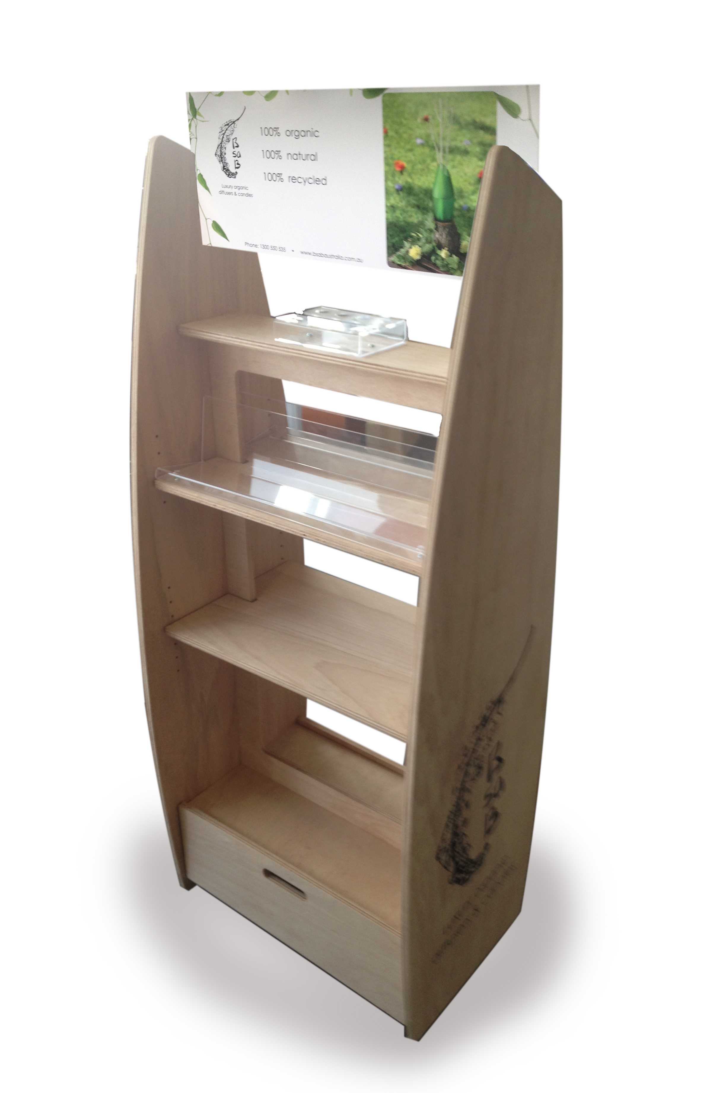 Flatpack Plywood floorstand with castors and storage underneath. Shoppable from both sides. Logo screenprinted directly on the sides. Interchangeable header card locates in slots.
