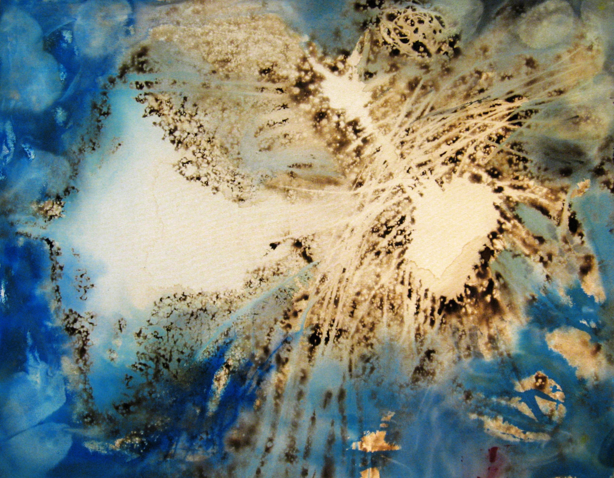 5. Riding a Comet, Philae. 40" x 52". Burned Canvas and Acrylic Paint. 2016. This work was inspired from the Rosetta space probe mission that put a lander on a comet for the first time in history.
