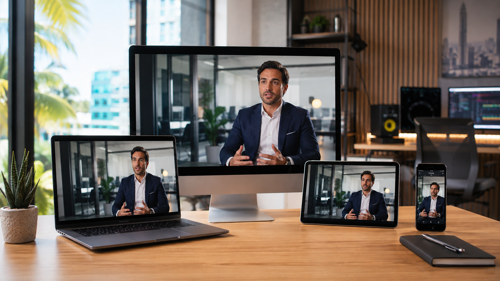 Corporate interview video displayed on desktop, laptop, tablet, and smartphone screens