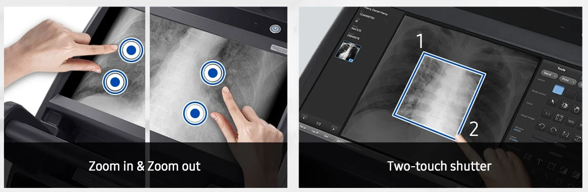 Multi-touch The multi-touch function allows users to control and adjust images easily and intuitively with fingers only. Pinch gesture enables the user to zoom in and out while the two-touch shutter makes image cropping easy.