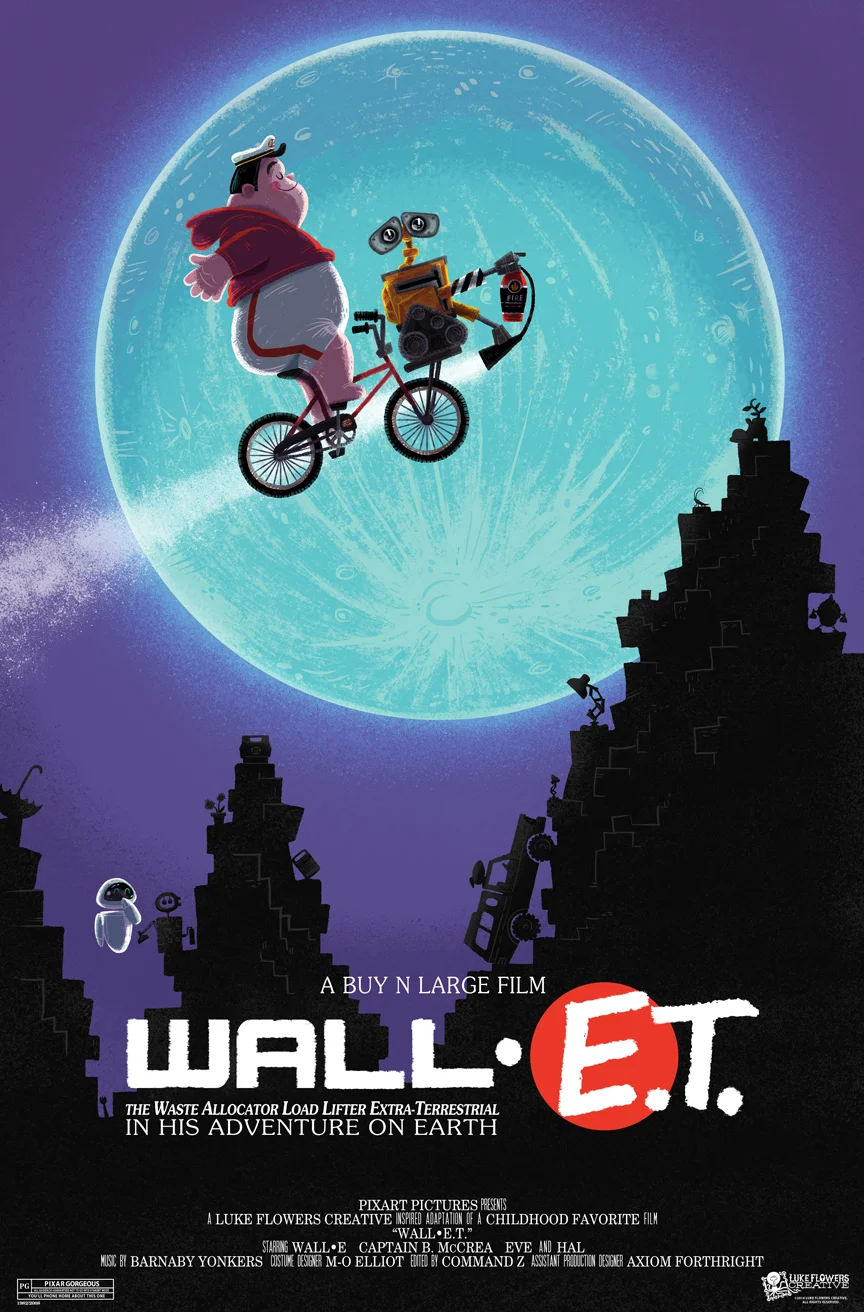 MARCH: Inspired by one of the most memorable moments in my childhood movie experiences. It was a perfect fit to have Wall-e in the place of E.T. and swap the Captain with Elliot (had to keep that iconic red sweatshirt). Try to find all the Wall-e and E.T. items hidden in the rubble (spork, rubik's cube, umbrella, speak & spell, Buy N Large cooler, E.T.'s flowers, Wall-e's stature of Eve, pizza planet truck, pixar lamps, hal the cockroach, Eve's plant and E.T.'s spaceship.)