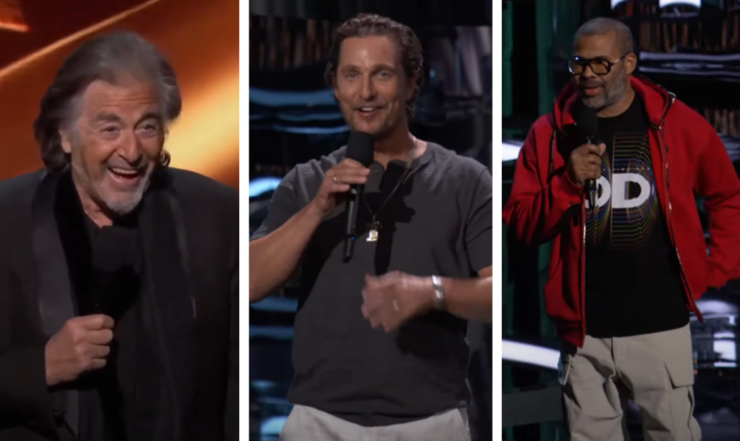 Al Pacino, Matthew McConaughey and Jordan Peele on-stage at separate occasions during separate Game Awards