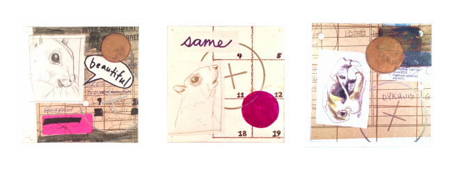 Jane Affleck and Peter Dykhuis, Squirrel Variation #2, 2018 graphite, marker, and encaustic on found and collaged paper, 2 of 3 panels, each 6” square, 6” x 22” installed