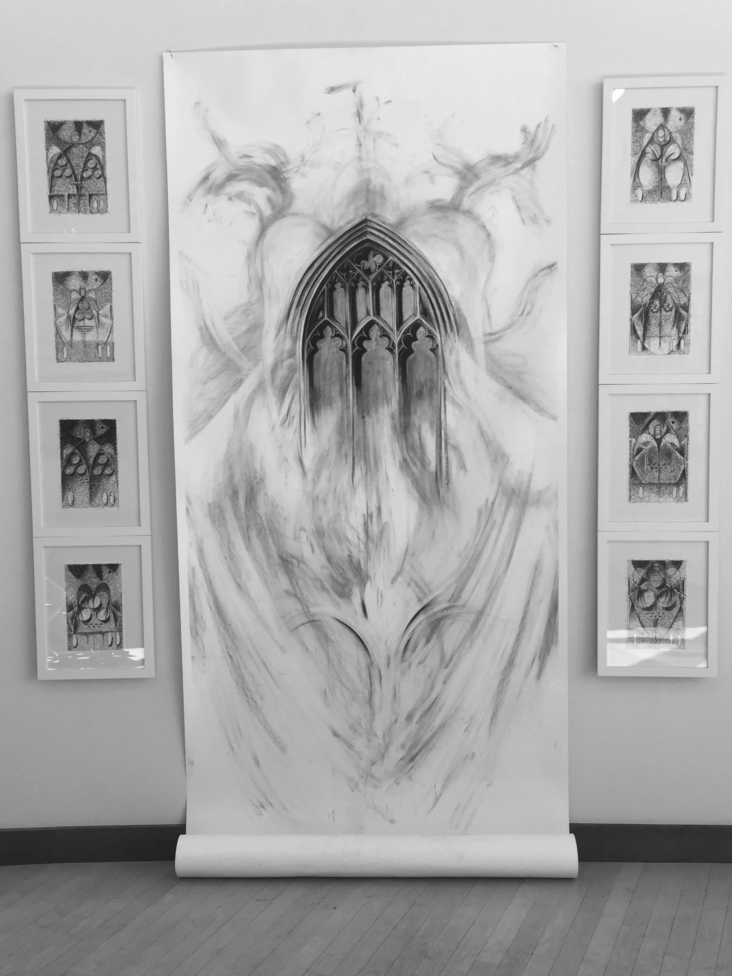 The Message in Entirety II,  10' x 3'6", Charcoal on paper