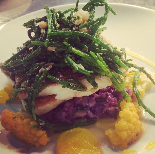 Bass, purple cauliflower 'risotto', potted shrimp, samphire..png