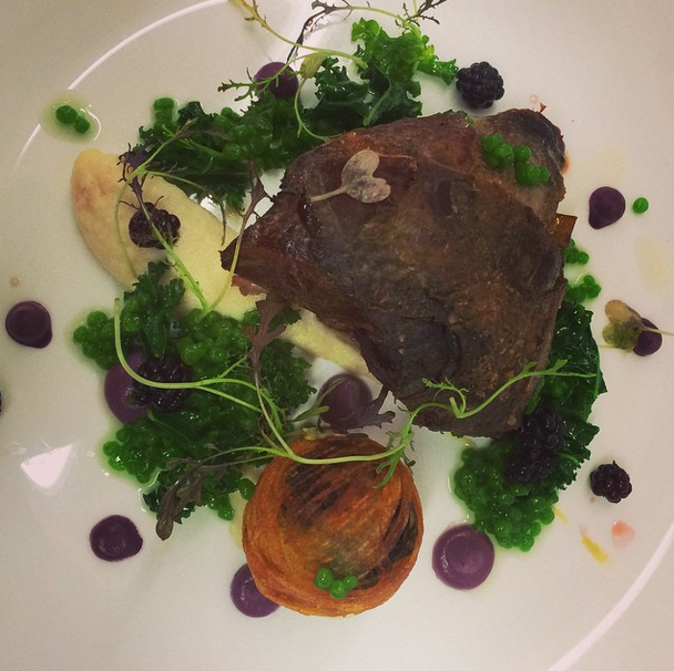 Grouse, braised leg and savoy bonbon, celeriac, red cabbage, pickled blackberry and watercress..png