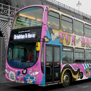 Funky design for Brighton bus... Creating this bus was a joy for Starfish's creative team. Taking inspiration from the fun fair at the end of Brighton Palace Pier, the bright, colourful swirls and gold metallic vinyl letters, really make this bus stand out. Keep your eyes peeled for it around Brighton and drop us a line if you spot it!