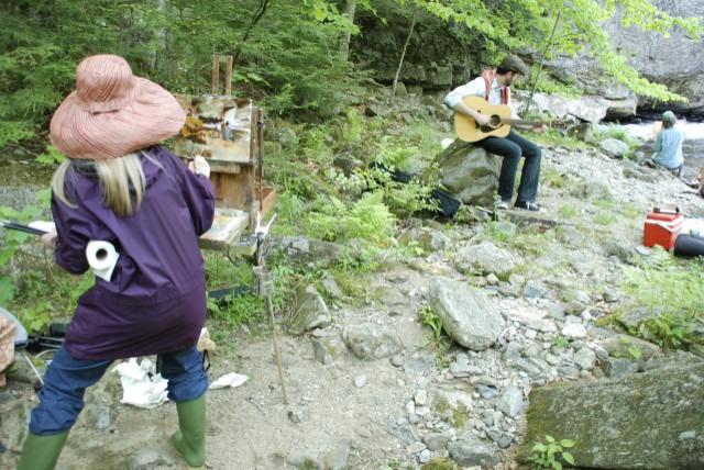 Here I am with all my protection from the millions of mosquitos, sun, rain.....etc. That being said, the live music, along with the sounds of Buttermilk Waterfall, and painting with the Putney Painters, made the whole day more than magical.