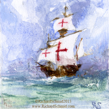 SANTA MARIA II , Richard Schmid, Watercolor, 1.25”x1.25” (Now in orbit thanks to Valley Christian High School, San Jose CA http://www.vcs.net/ )