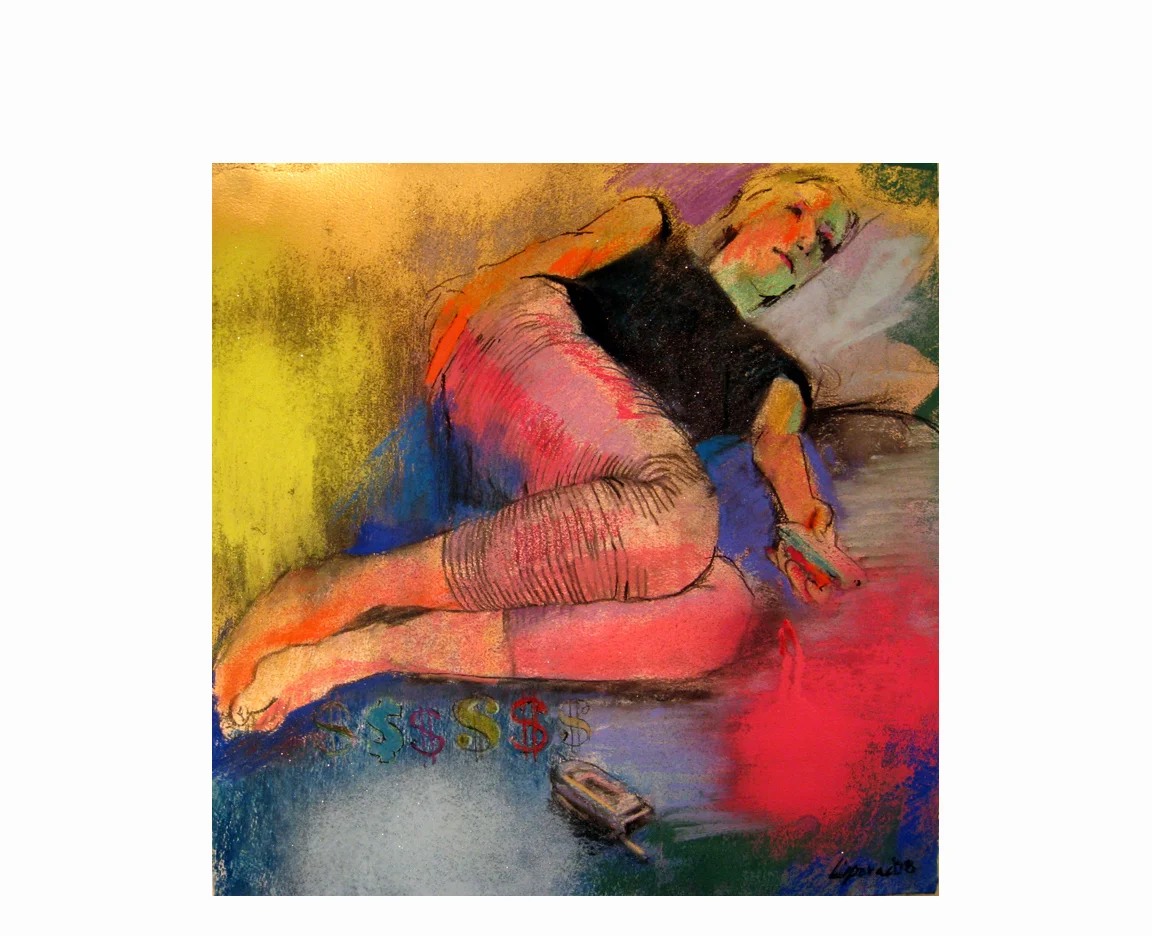 Money buys time 2008, pastel and spray paint on paper, 20" x20"