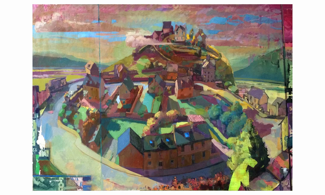 View of Rue Beaumanoir from the Chateau de Léhon 2014, oil and cut paper on canvas, 36" x 48"