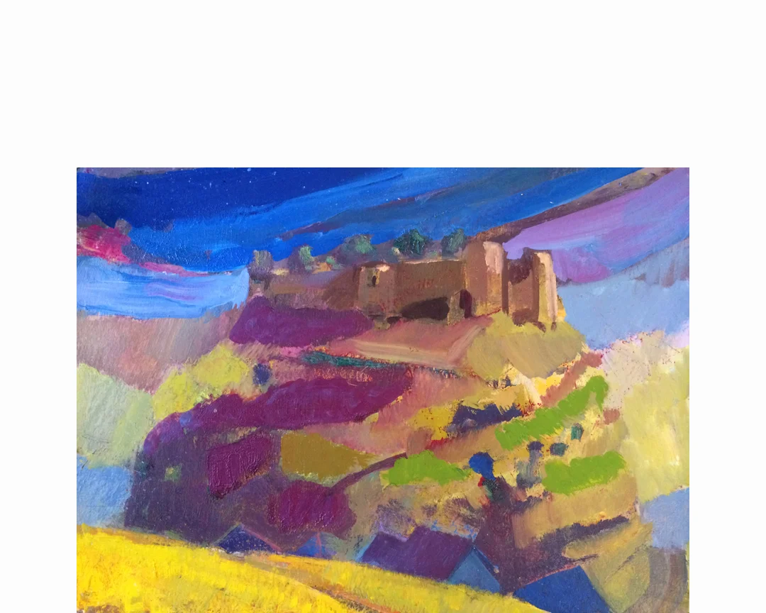 Chateau de Léhon at dusk 2014, oil on paper, 11" x 15", 2014