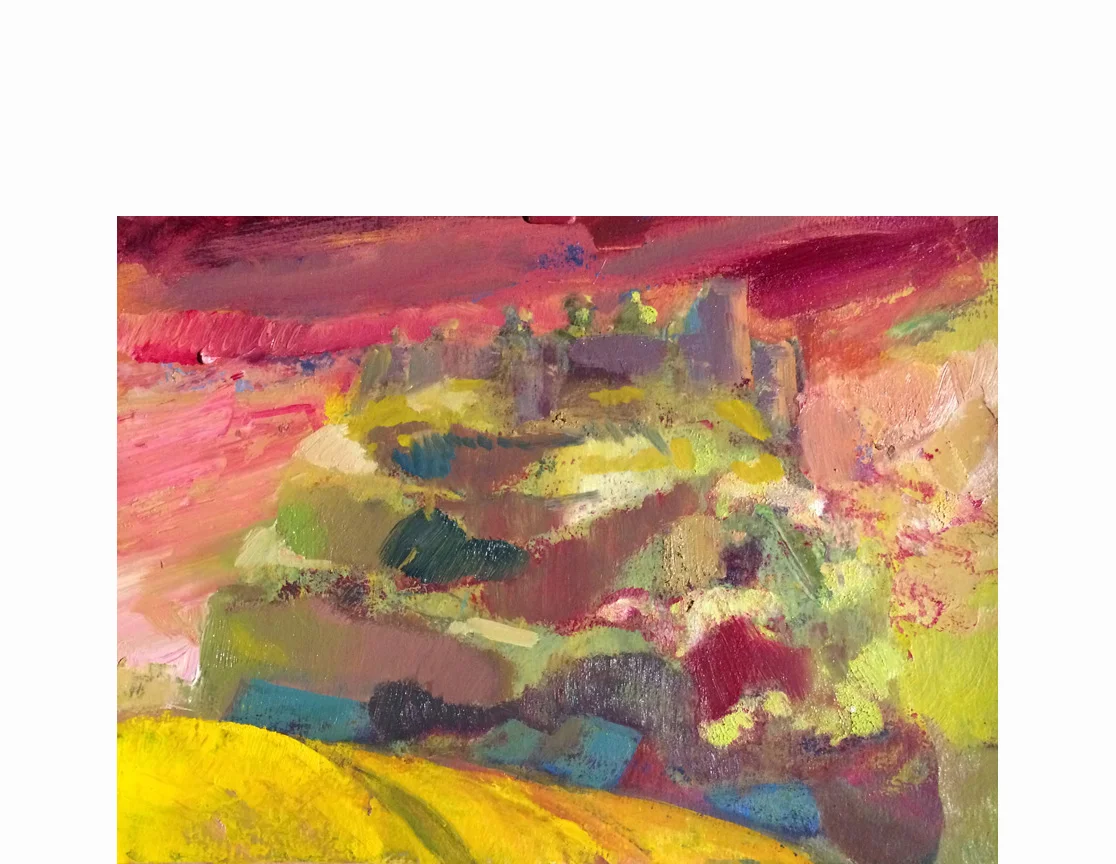 Chateau de Léhon at sunset 2014, oil on paper, 11" x 15"