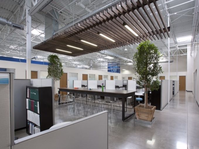 One of several work neighborhoods showing the sense of space, ficus trees, high ceilings, pool-like trellis, and a community gathering space at the new Leslie pool's building. (Photo: Dino Tonn Photography)