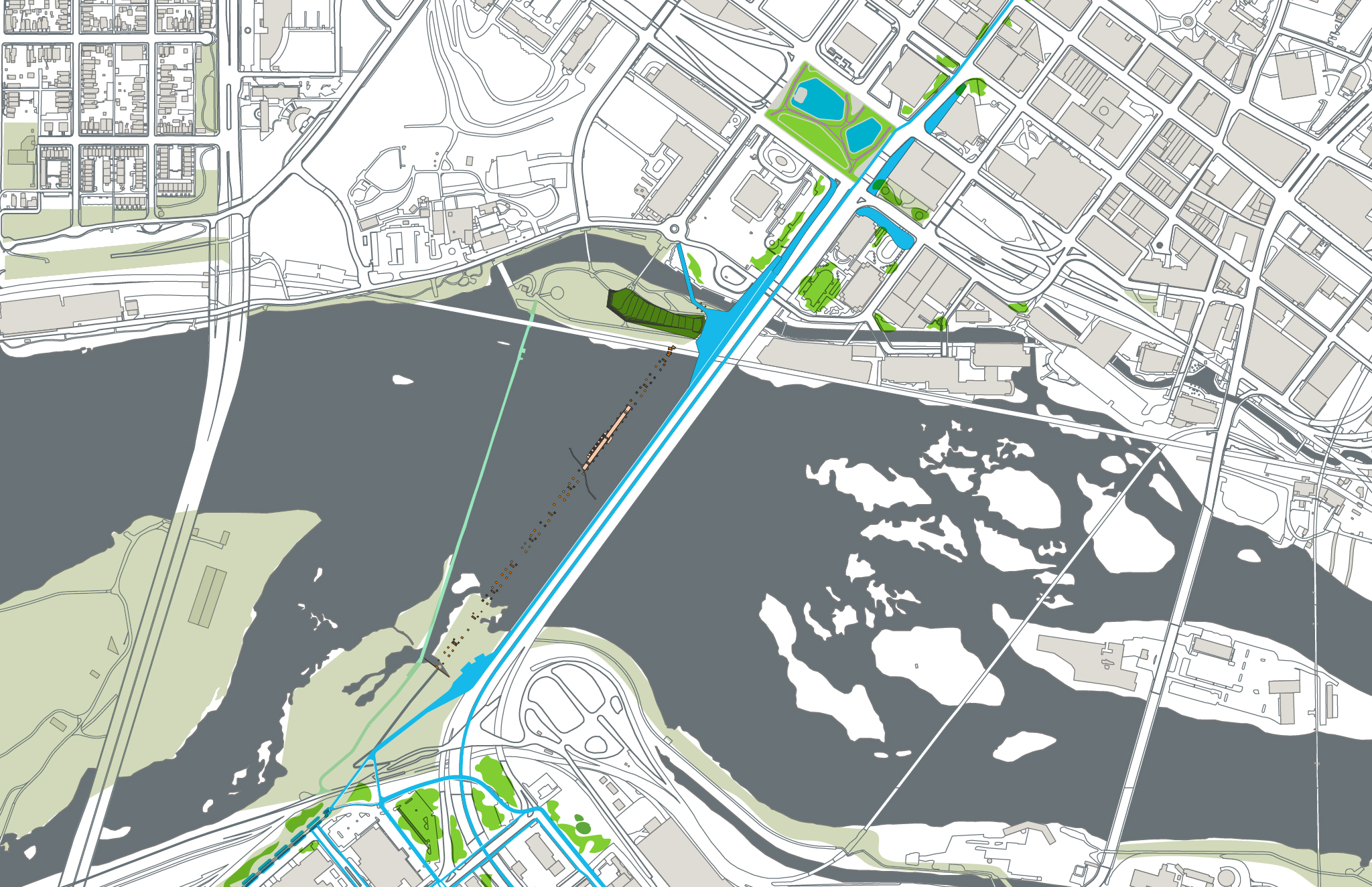 Detail of river-crossing section: Kanawha Plaza to Brown’s Island to BridgePark to Second Break Park; green spaces connected by human-scale pathways and plantings