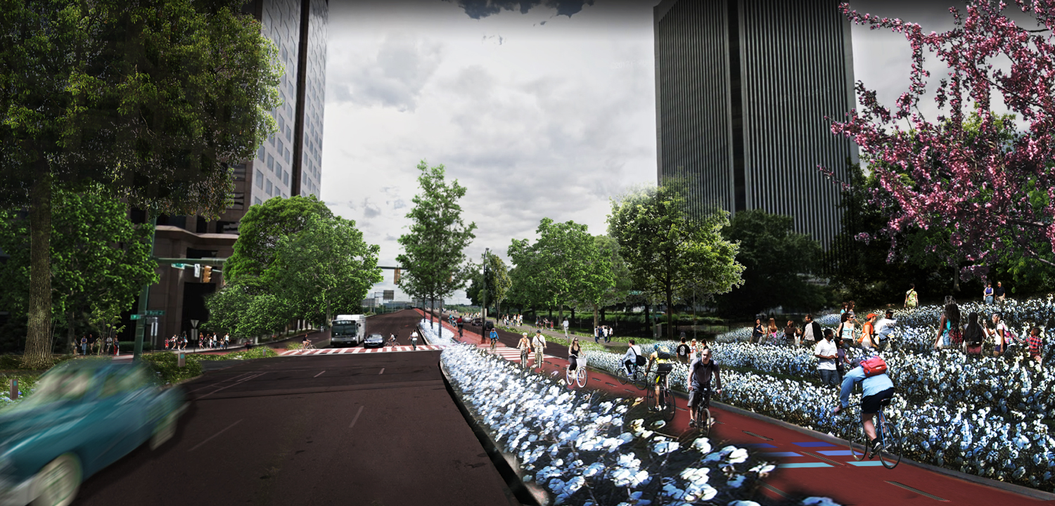 9th and Byrd Street After: An expanded Kanawha Plaza and accompanying walkway and bicycle super-highway welcome visitors to downtown to the North and the beautiful James River to the South