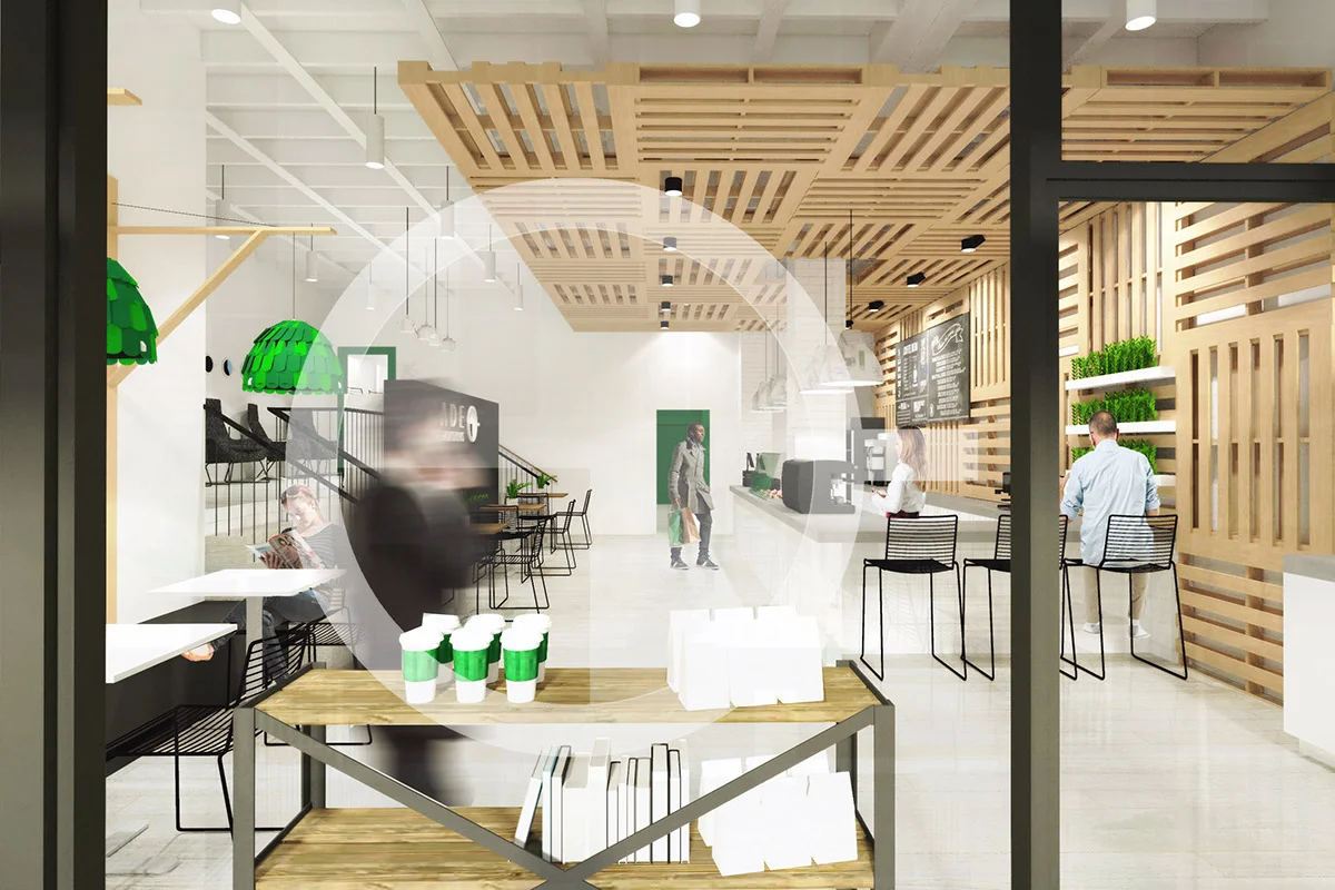 Coffee Shop Concept Kensington, Calgary 2014 Reclaimed wood pallets act as an art installation in this otherwise minimalist coffee shop space. A raised lounge area emphasize the dramatic height of the 14' mid-century wood ceiling.