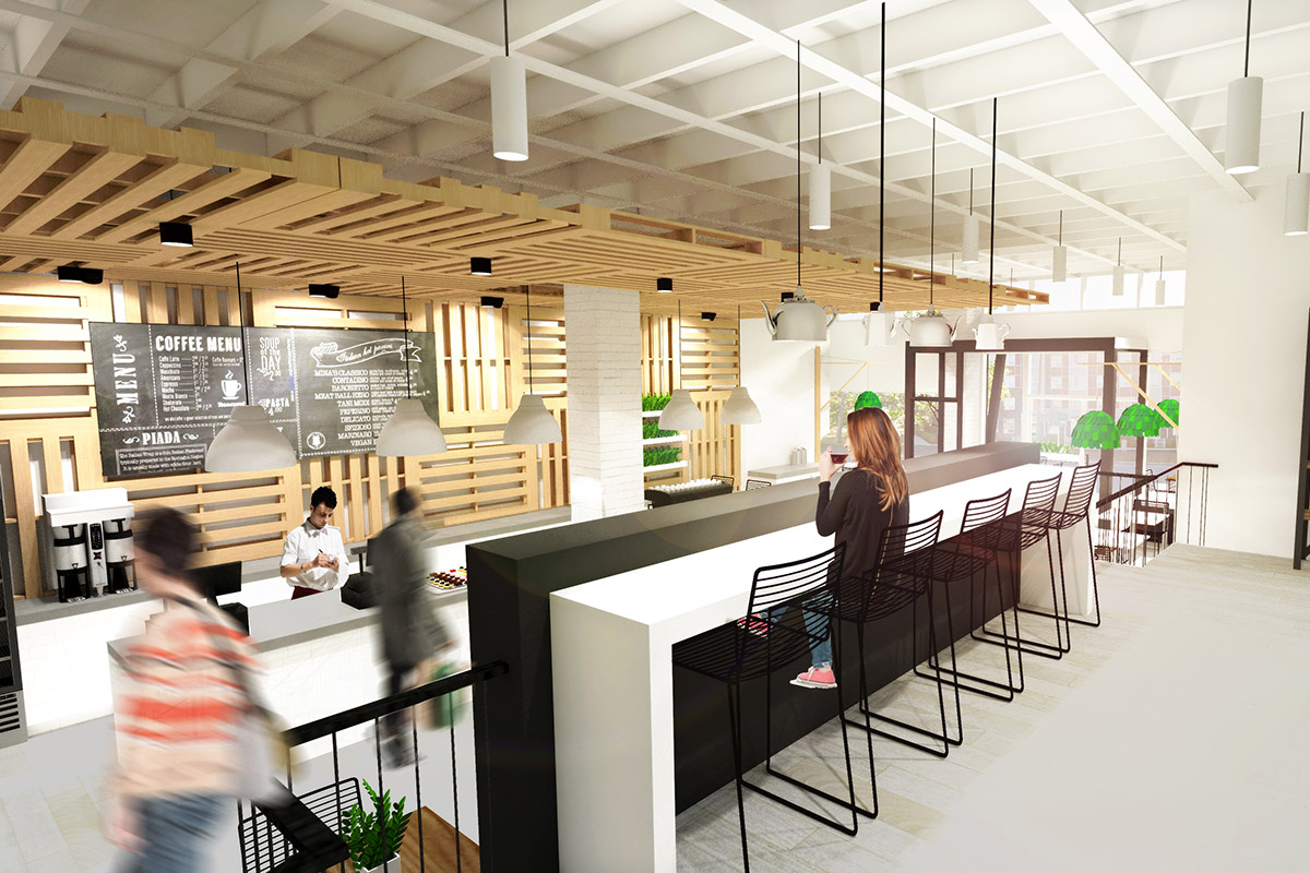Coffee Shop Concept Kensington, Calgary 2014 Reclaimed wood pallets act as an art installation in this otherwise minimalist coffee shop space. A raised lounge area emphasize the dramatic height of the 14' mid-century wood ceiling.