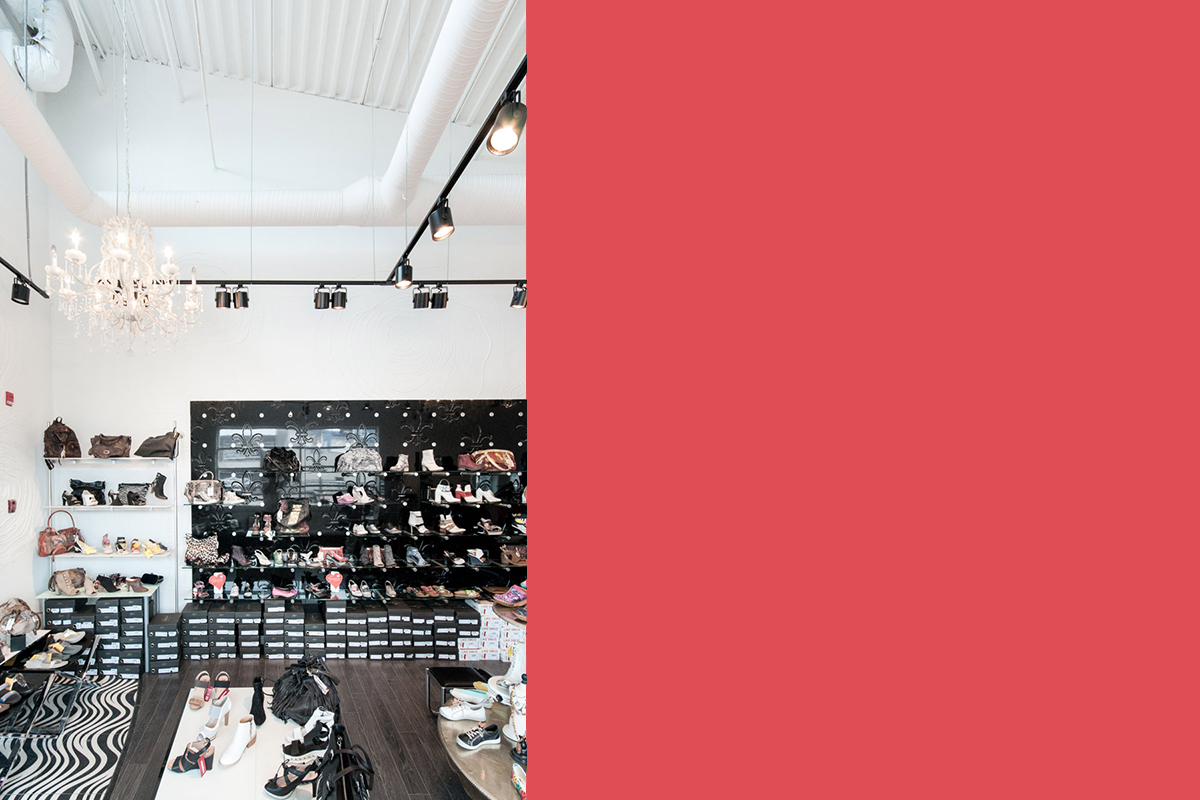 Shoe Muse Aspen Landing, Calgary 2012 A boutique shoe store featuring an eclectic mix of interior design styles and details to match the eclectic collection of shoes. A "runway" draws customers to the great view from the rear of the store.
