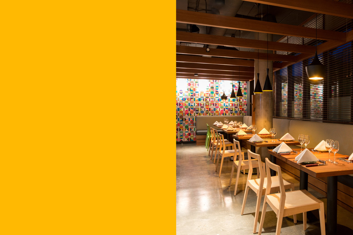 Minas Brazilian Steakhouse Eau Claire Calgary, 2015 Minas Brazilian Steakhouse offers traditional Brazilian food in a contemporary setting. A bold colour palette and an eclectic mix of finishes and fixtures suit Minas' energetic and lively vision.