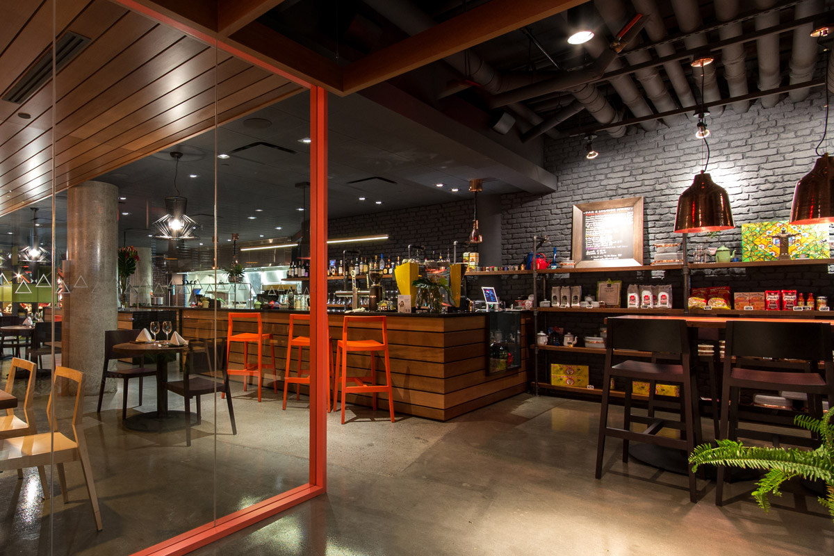 Minas Brazilian Steakhouse Eau Claire Calgary, 2015 Minas Brazilian Steakhouse offers traditional Brazilian food in a contemporary setting. A bold colour palette and an eclectic mix of finishes and fixtures suit Minas' energetic and lively vision.