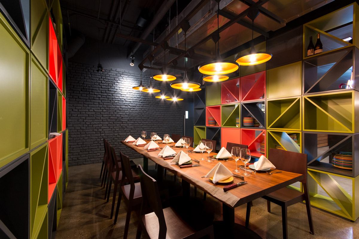 Minas Brazilian Steakhouse Eau Claire Calgary, 2015 Minas Brazilian Steakhouse offers traditional Brazilian food in a contemporary setting. A bold colour palette and an eclectic mix of finishes and fixtures suit Minas' energetic and lively vision.