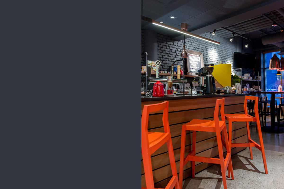 Minas Brazilian Steakhouse Eau Claire Calgary, 2015 Minas Brazilian Steakhouse offers traditional Brazilian food in a contemporary setting. A bold colour palette and an eclectic mix of finishes and fixtures suit Minas' energetic and lively vision.