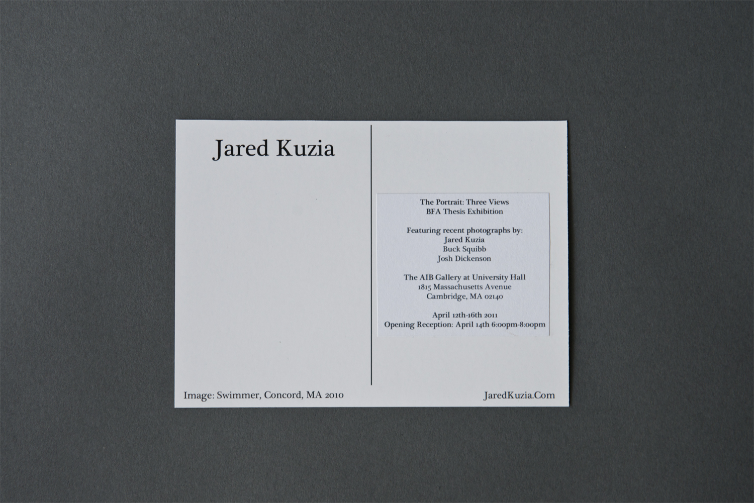 To get the most of out the cards, Kuzia designed them to be used independently as well as serve as invitations for his show. He created a sticker label with the show dates and other relevant information for the right-hand side of the card. Cards without the label were on display at the exhibition and used for months afterwards as mailers. The traditional postcard layout leaves plenty of room for a handwritten note alongside the receiver’s address.