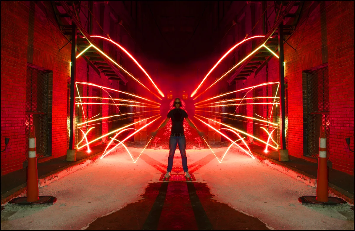 Winged Man 7 (Self-Portrait) Timelight Picture Study with Fireworks & Highway Flares.