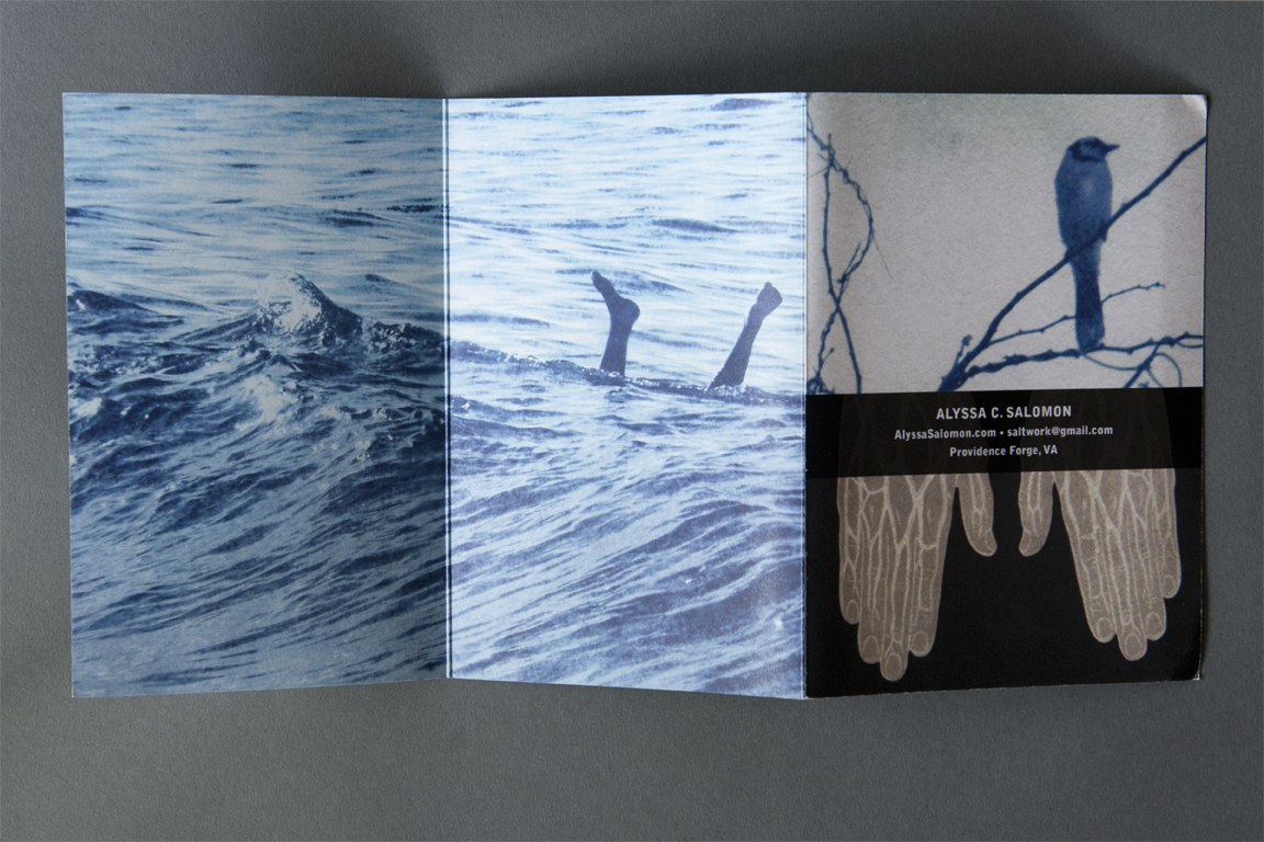 Due to its tactile nature, alternative process photography often struggles to be accurately reproduced on screen and in print materials. Overcoming these challenges, Alyssa Salomon’s trifold booklet does justice to her original prints. While it would be impossible to replicate their unique quality, this wonderful promo presents her artwork with the intimacy of an artist book and without the commercial slickness of a traditional brochure. Salomon’s contact information is easy to find on the cover, yet is incorporated into the photographs like text on the cover of a novel. The smart trifold design allows a for dynamic look with both vertical and horizontal images.