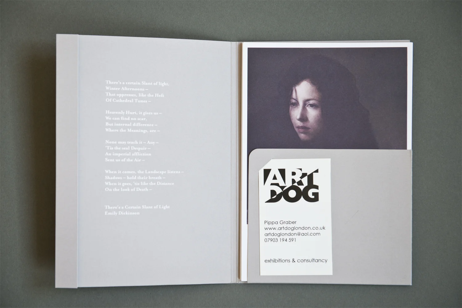 During the NYC Affordable Art Fair I picked up this packet of Fletcher Sibthorp’s work by Art Dog Gallery. Though Sibthorp is a painter, this promo idea is easily applied to photographers. The packet opens up to reveal a poem on the left side, and a pocket with postcards on the right. The folder pocket is large enough to fit die-cut business card and reveals enough of the postcard to show the subject’s faces.