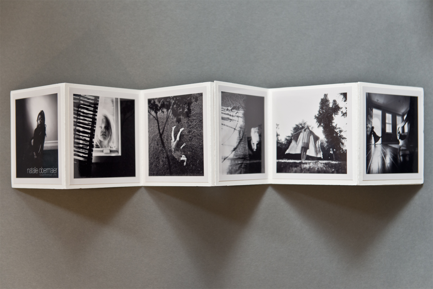 One of the best ways to promote a body of work is to design a promo for the series as whole, rather than just highlighting one or two images. Natalie Obermaier’s accordion book is an excellent presentation choice for her photographs of children. The images have a narrative quality, which is accentuated nicely by the linear layout of the book. Both sides of the piece contain prints, allowing the viewer to create their own sequences. While the construction of the booklet would benefit from proper scoring, the black and white prints are well made. By pasting them into the booklet, Obermaier creates the feel of a family album. Her contact information is easily found on the book’s cover photograph without distracting from the image.