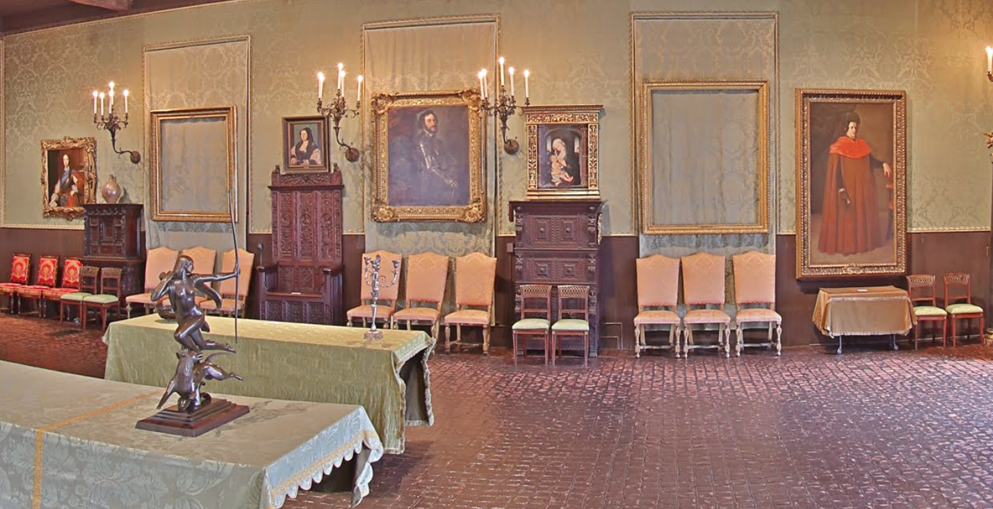 Empty frames where stolen works once hung in the Isabella Stewart Gardner Museum. Screenshot from virtual heist tour . 