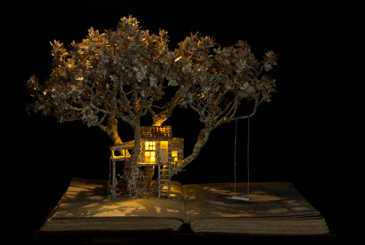 The House in the Oak Tree , 2015, book-cut sculpture