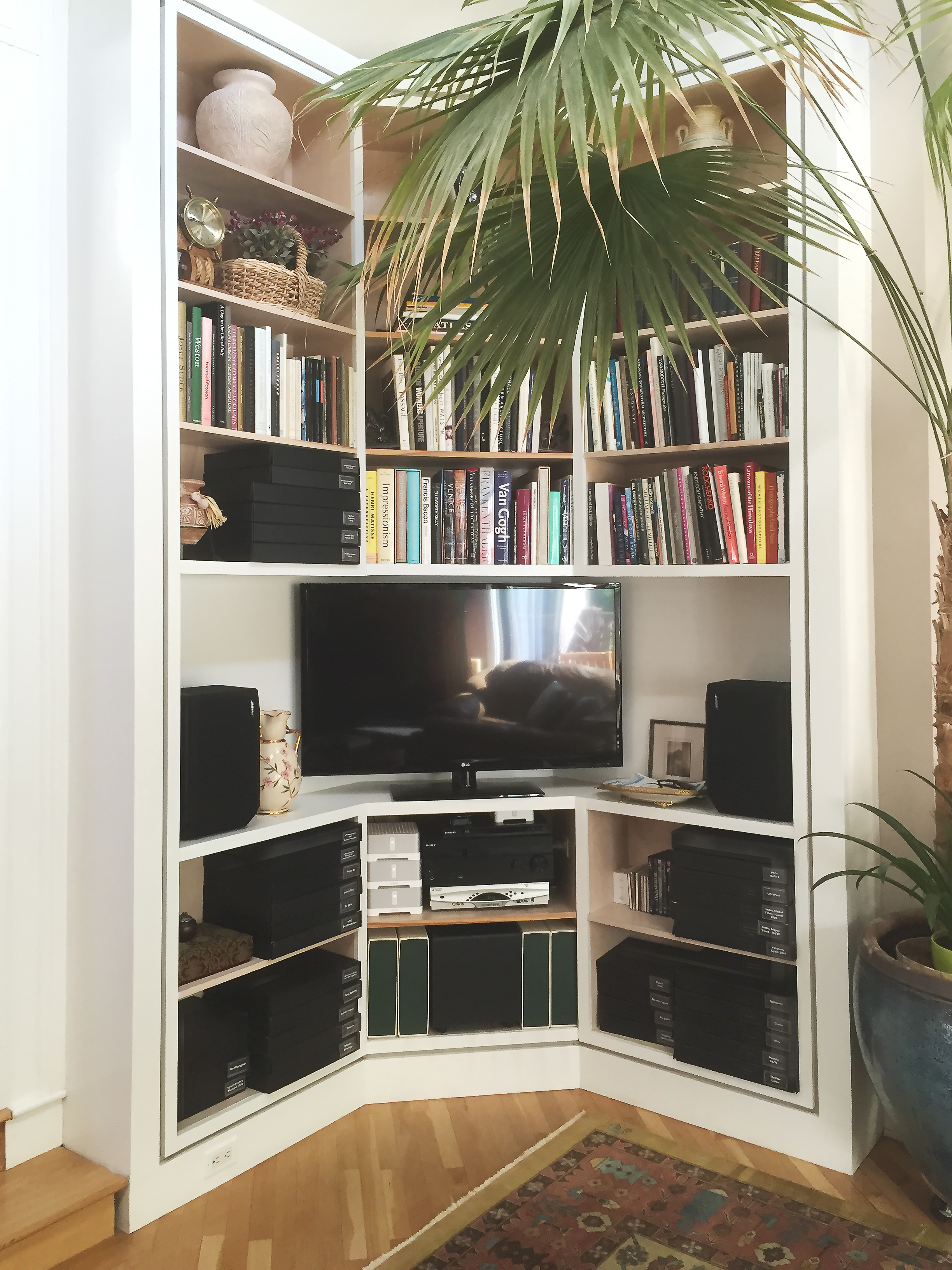 Photographer Robert Atwater 's library anchored by print boxes.