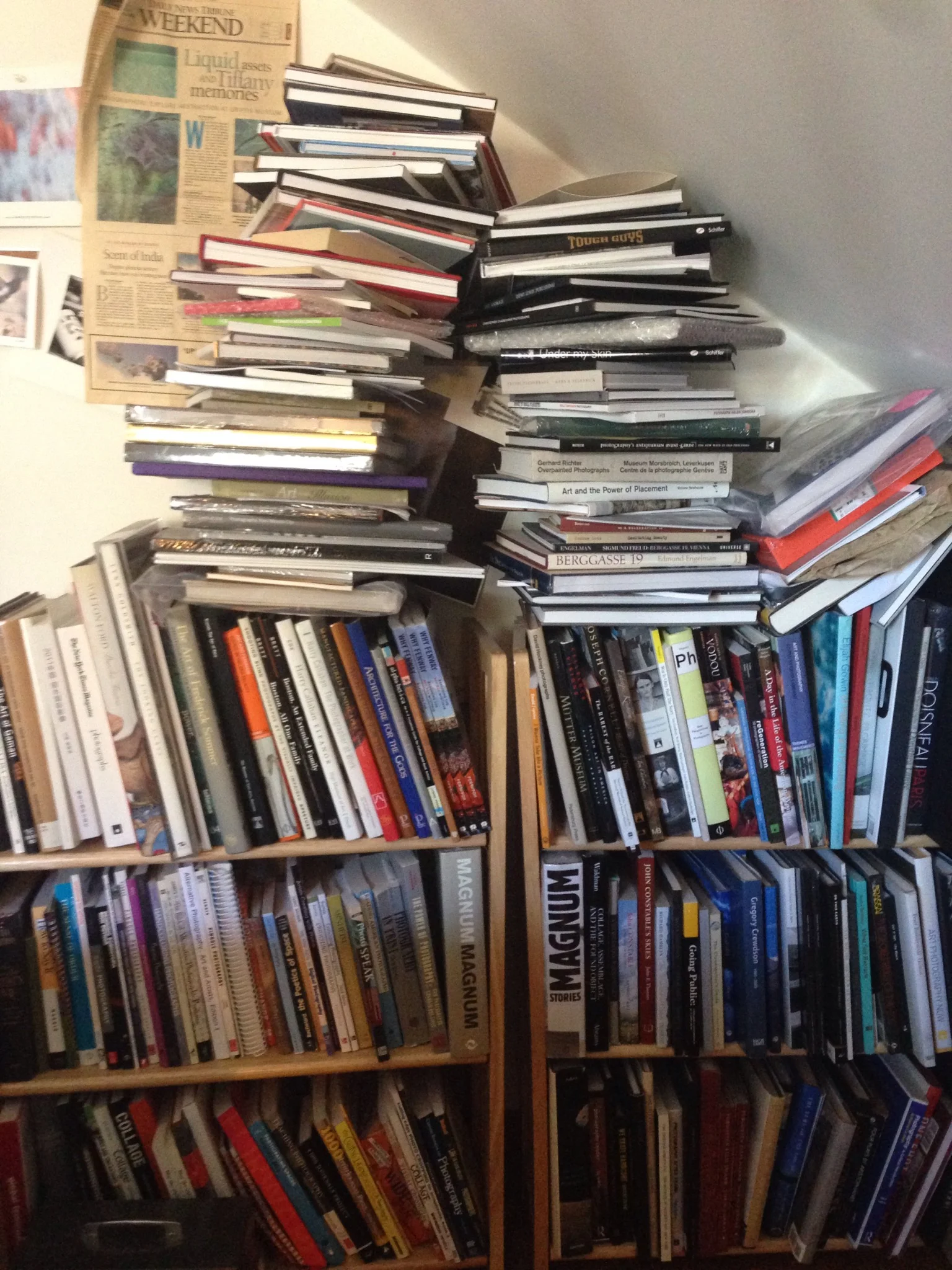 Paula Tognarelli's towering heap of books.