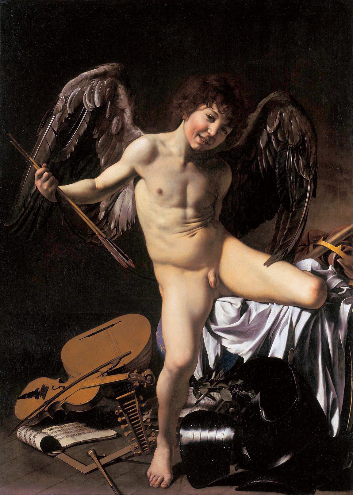Michelangelo Merisi da Caravaggio, Amor Vincit Omnia (1602). Photoa via Wikimedia Commons.