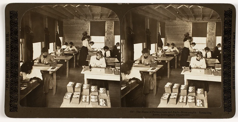 H.C. White & Co. The Home of Perfecscopes and Perfec-Stereographs. Retouching Room, Stereograph Department. North Bennington, Vermont, ca, 1901.