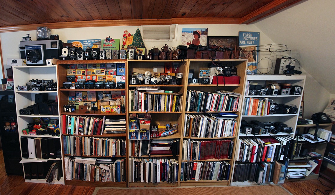 Tom Moore's camera collection and photo book library.