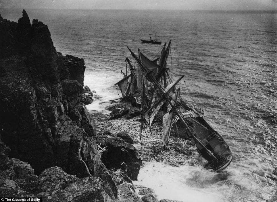 The Hansy, a sailing ship from Norway, wrecked in 1911 on the eastern side of the Lizard in Cornwall. Three men were rescued by lifeboat and all of the rest of the passengers escaped onto the rocks.