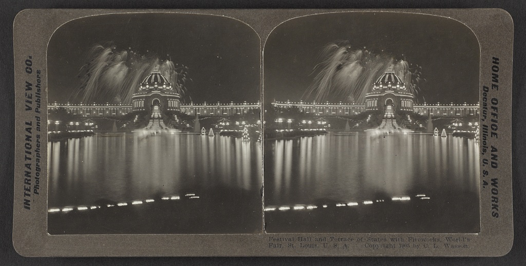 Festival Hall and Terrace of States with fireworks. World’s Fair, St. Louis, MO. C.L. Wasson, 1904. Courtesy of the Library of Congress.