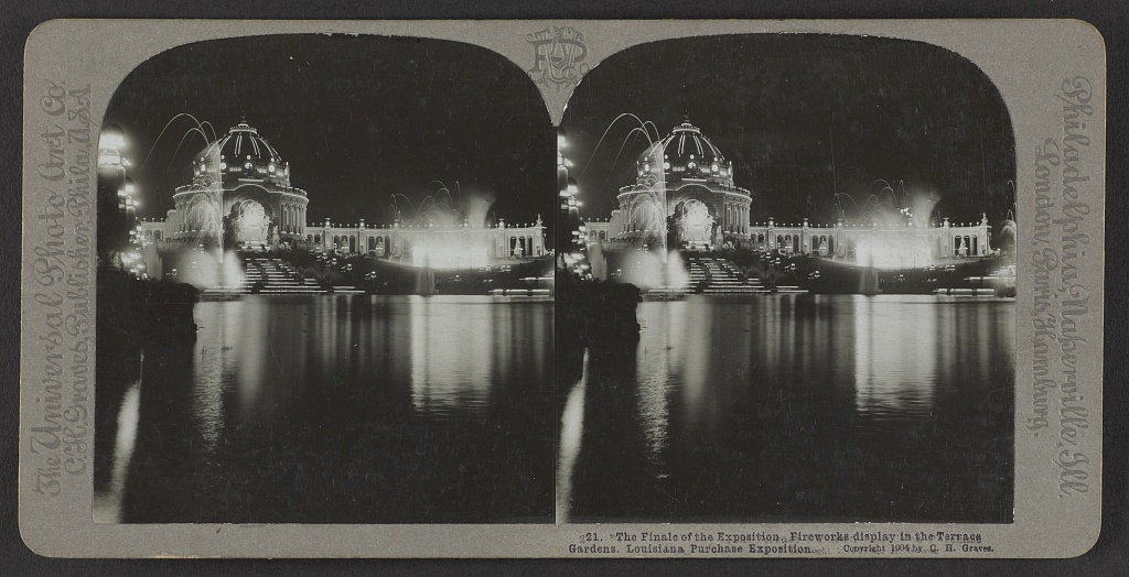The finale of the exposition. Fireworks display in the terrace gardens. Louisiana Purchase Exposition . C.H. Graves, 1904. Courtesy of the Library of Congress.